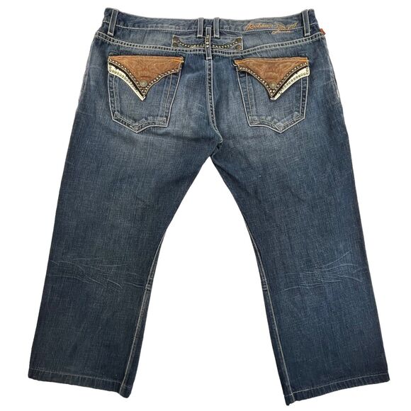 Robins Jeans Mens 44x29 Straight Leg Leather Flap Pockets Rivets Blue Denim Pant